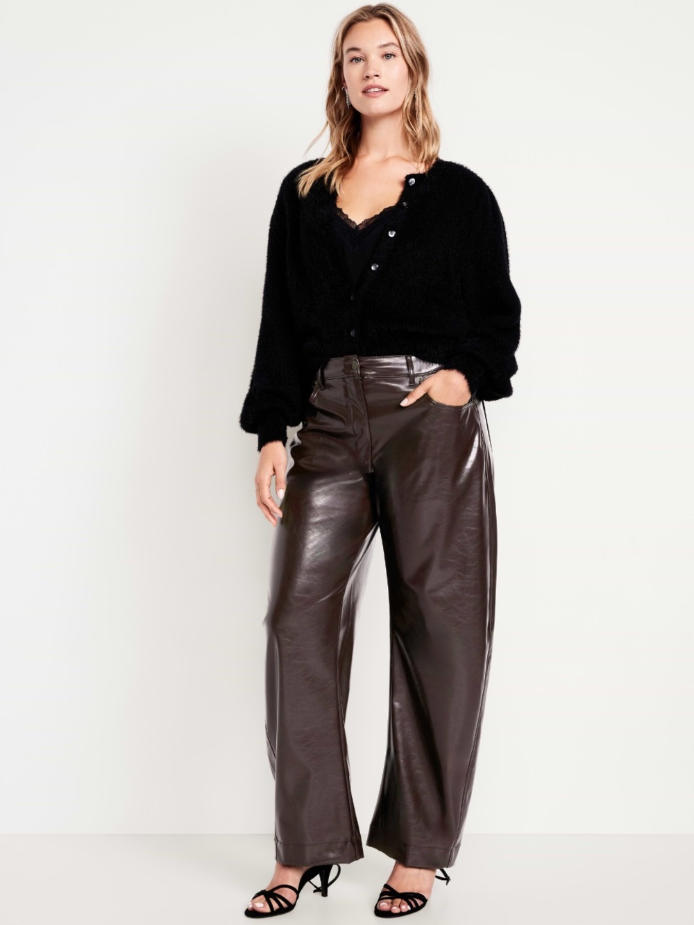 NWT Old Navy High Waisted Chocolate Brown Faux Leather Barrel Leg Pants Sz 8